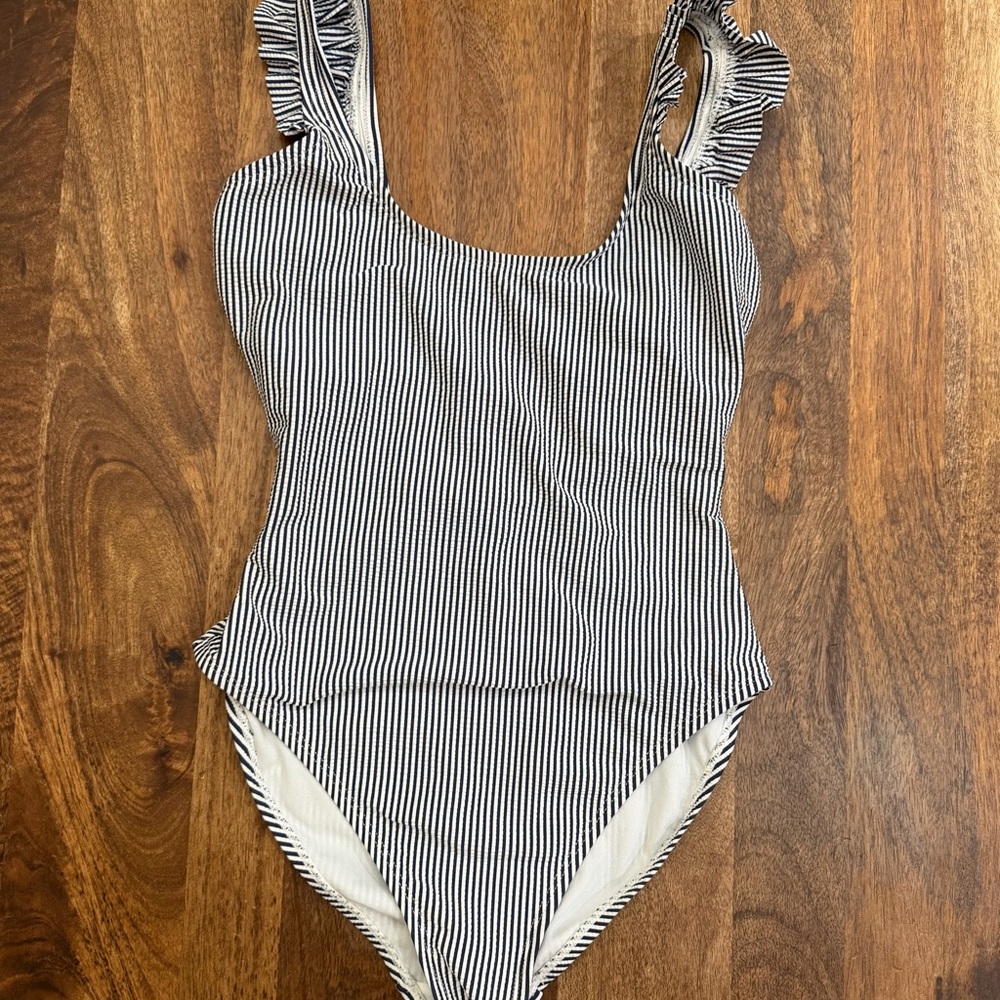 Draper James Striped navy and white Ruffle One-Piece Swimsuit Size Small